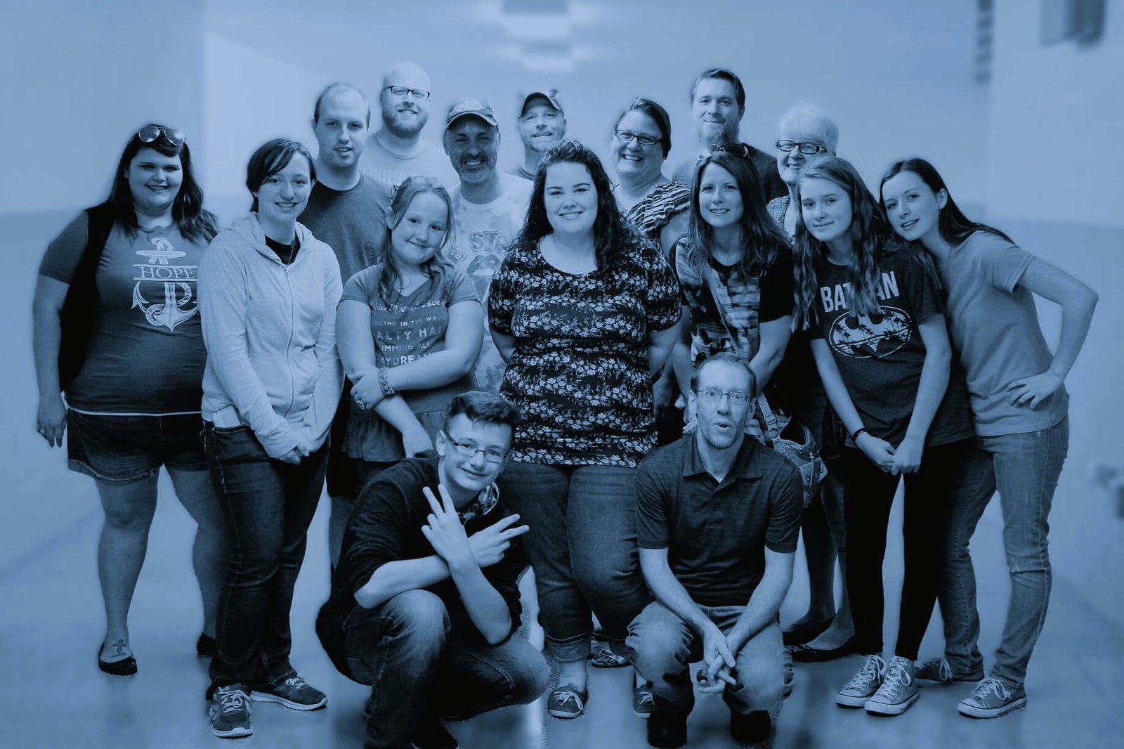 Group of16 casual people staring at the camera